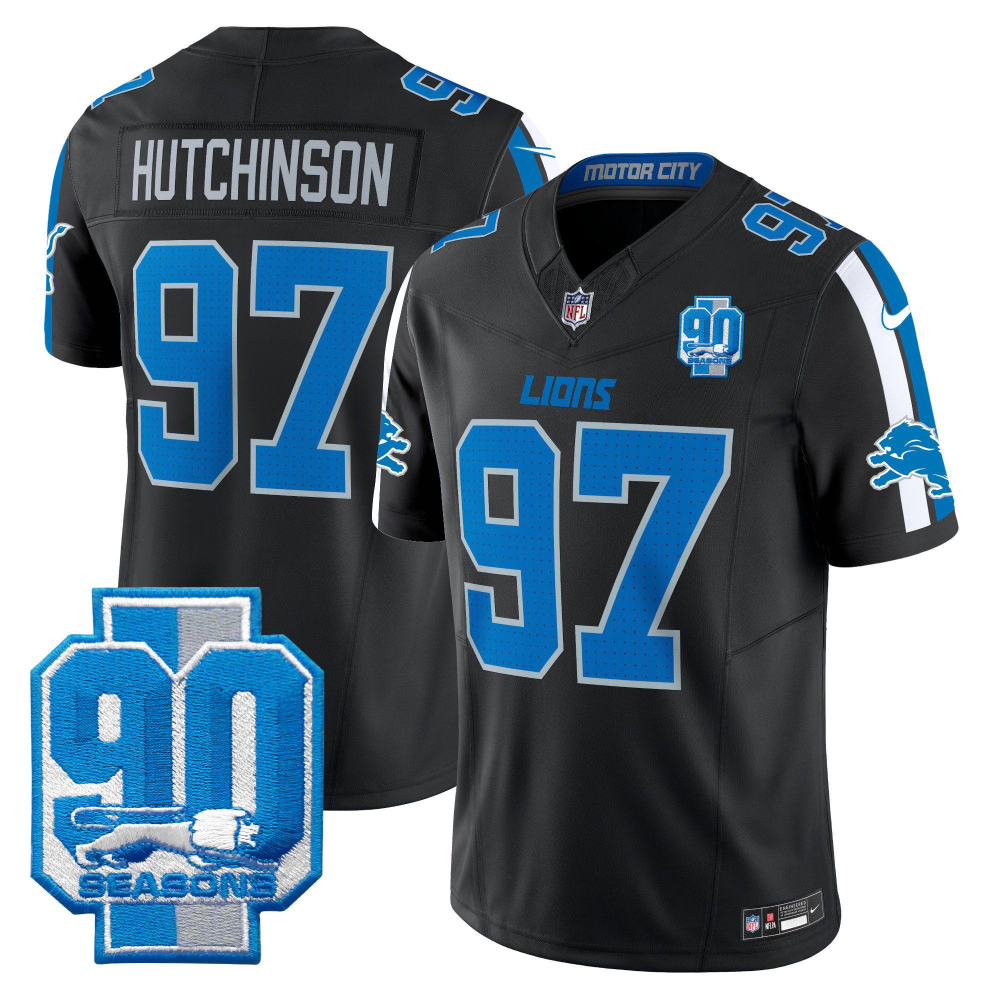 Men Detroit Lions 97 Hutchinson Black 2024 Nike 90th Year Patch Vapor Limited NFL Jersey